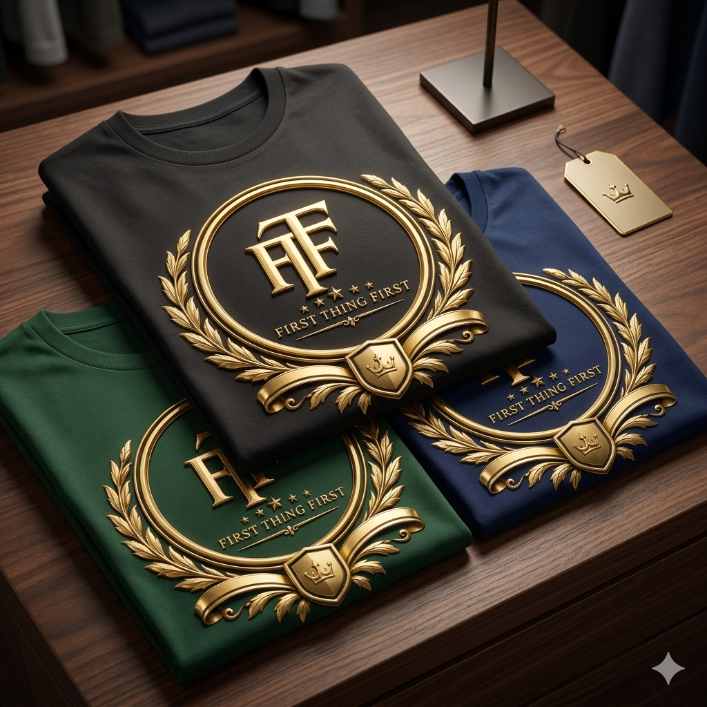 Luxury crest logo apparel printed across stacked premium shirts