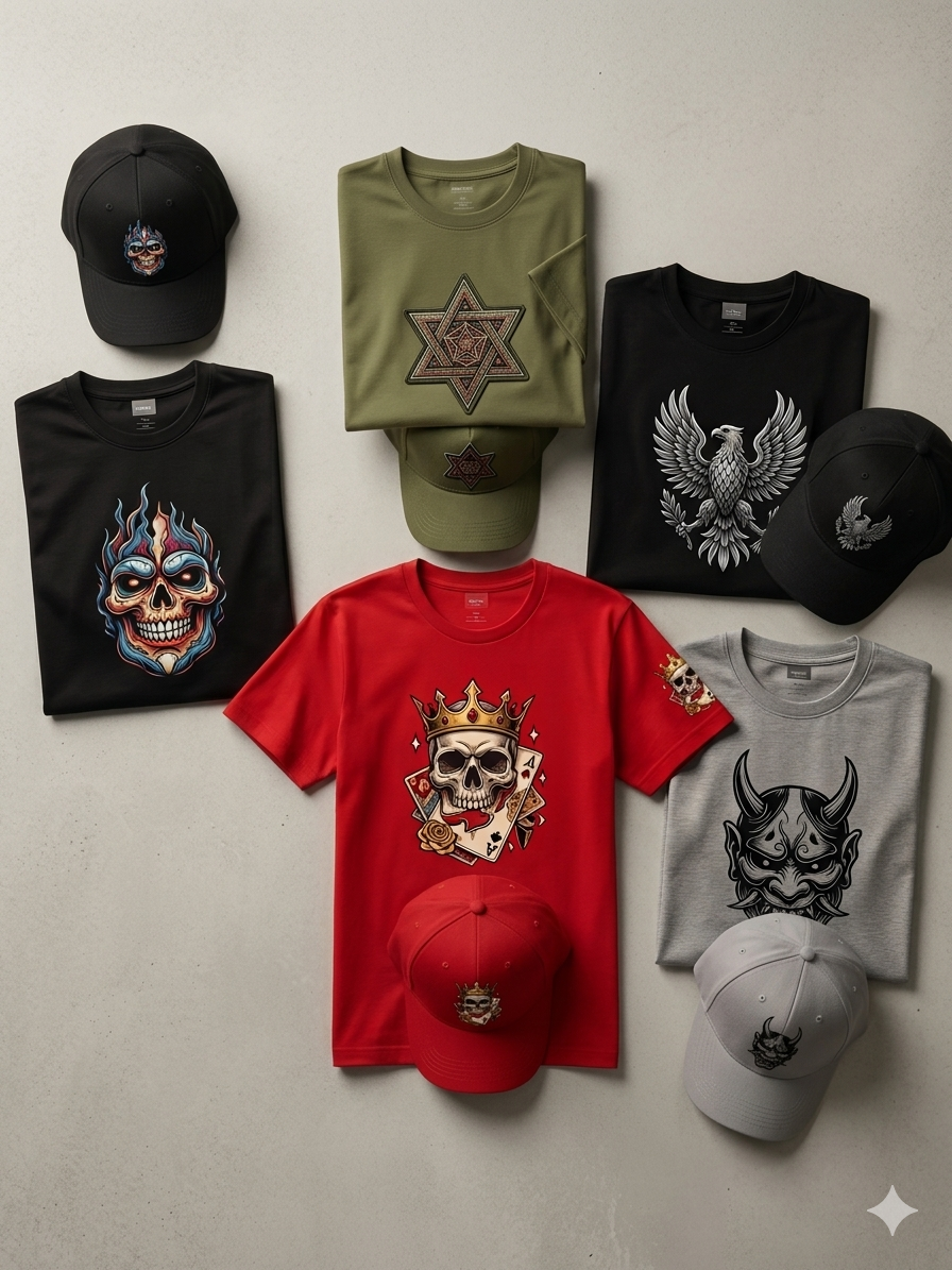 Coordinated custom t-shirts and caps arranged as a branded merchandise set