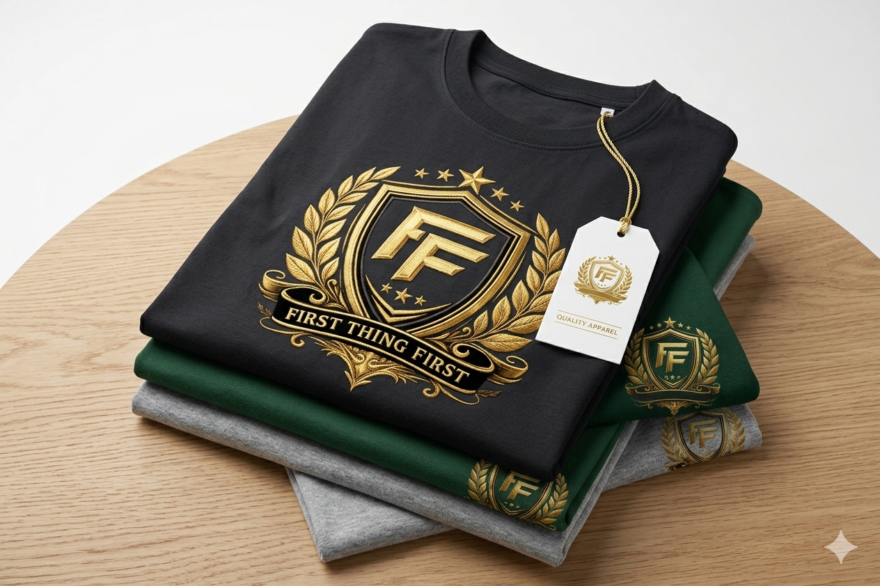 Stacked premium shirts with gold crest branding and branded product tag