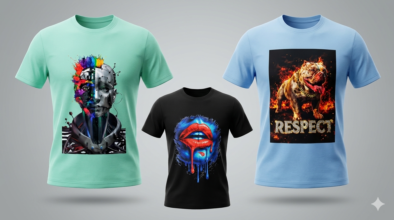 Three custom t-shirts featuring bold colorful DTF print artwork