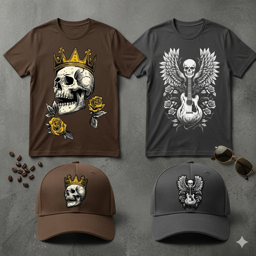 Two graphic t-shirts paired with custom embroidered caps in a styled product display
