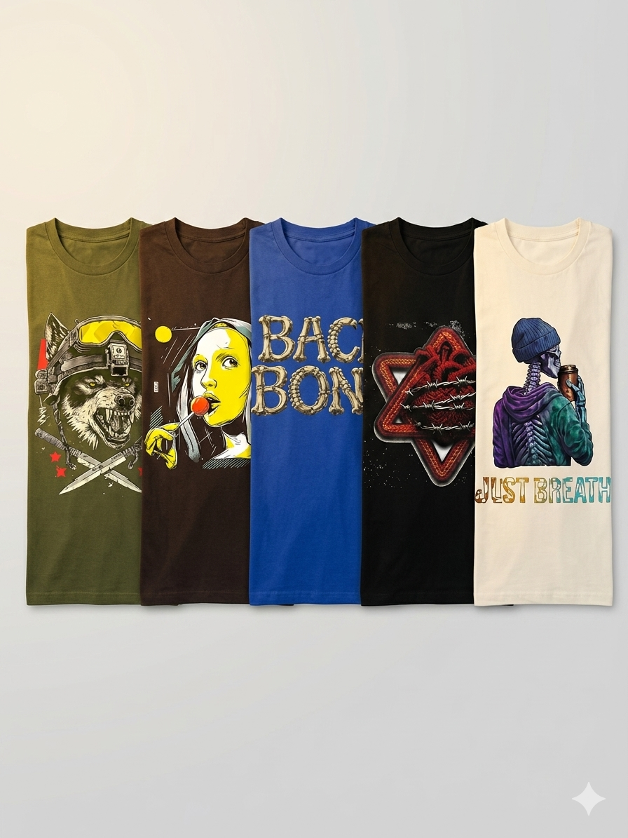 Five custom graphic t-shirts displayed side by side as a streetwear lineup