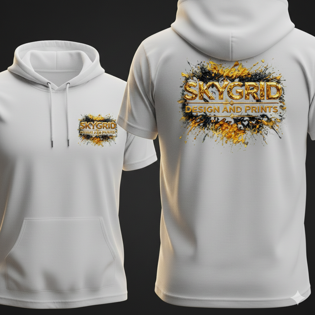 SkyGrid Designs & Prints signature white hoodie with gold splash logo on chest and back