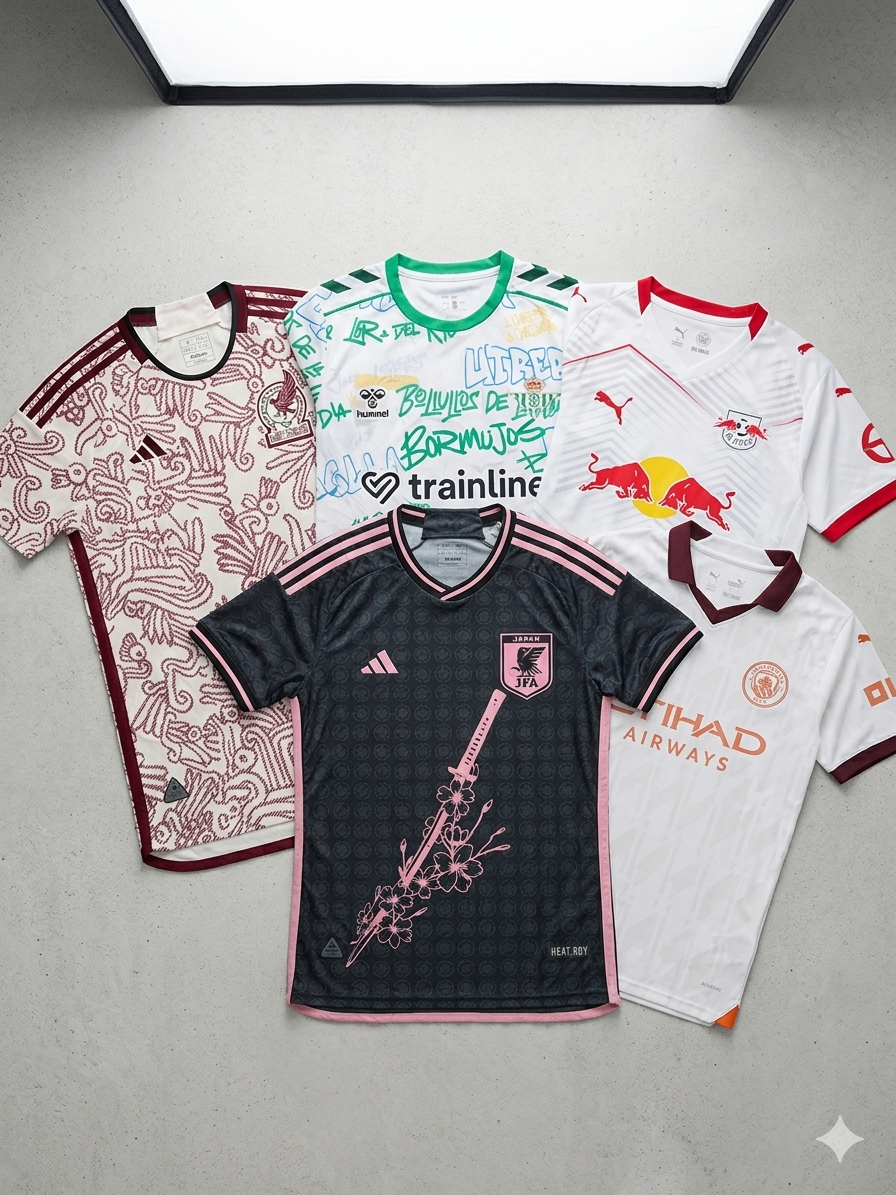 A collection of football jersey designs laid out for client inspiration