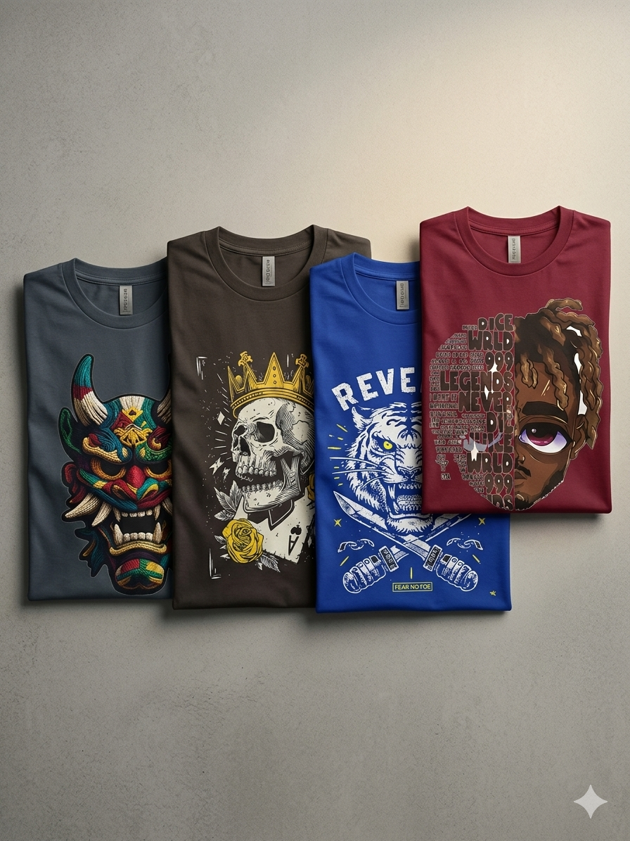 Folded graphic t-shirts presented as a curated apparel collection
