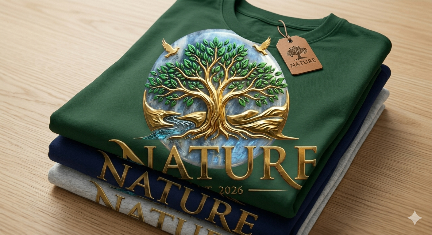 Premium folded t-shirt design with a nature-themed gold emblem