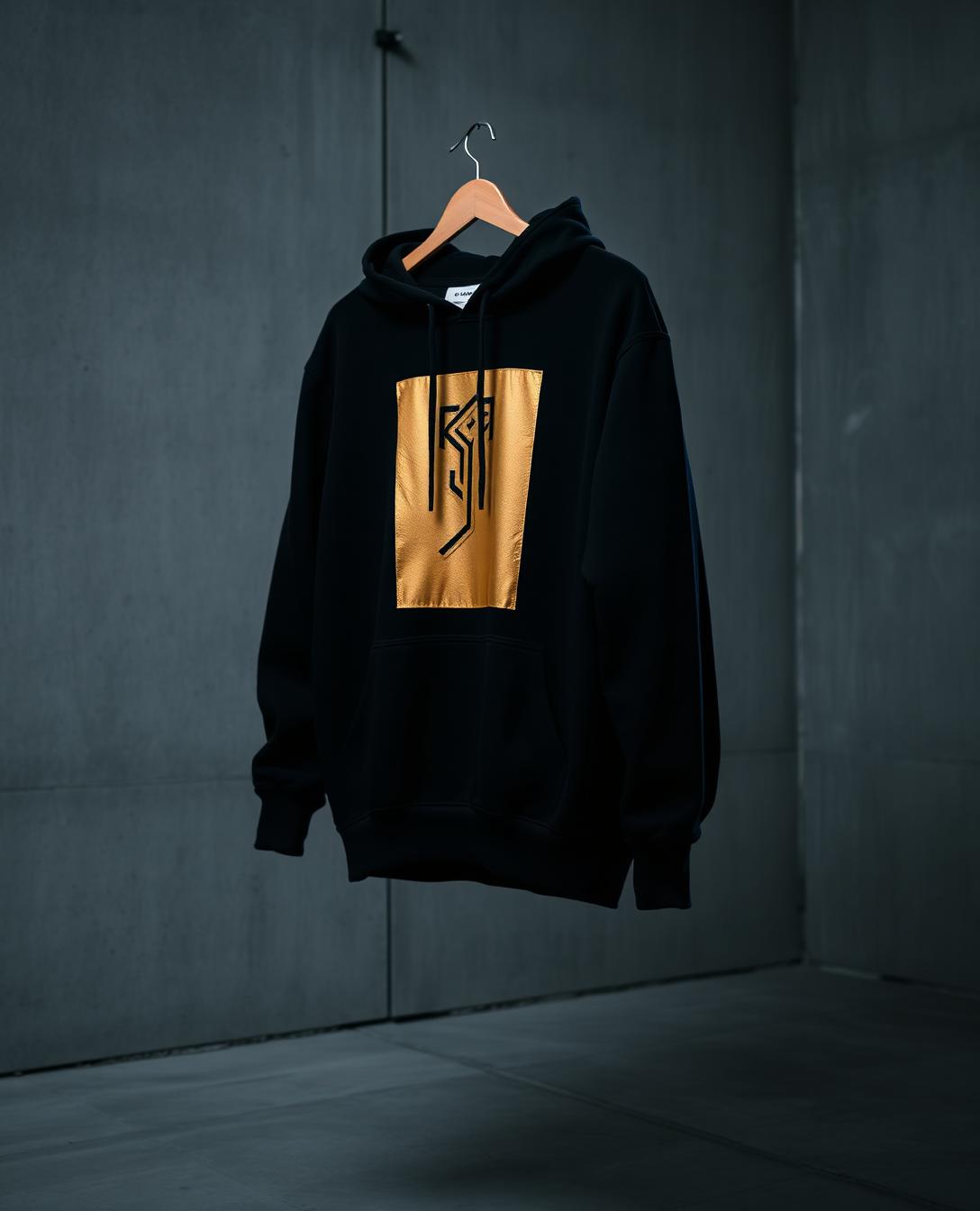 Premium black SkyGrid hoodie with minimalist gold graphic